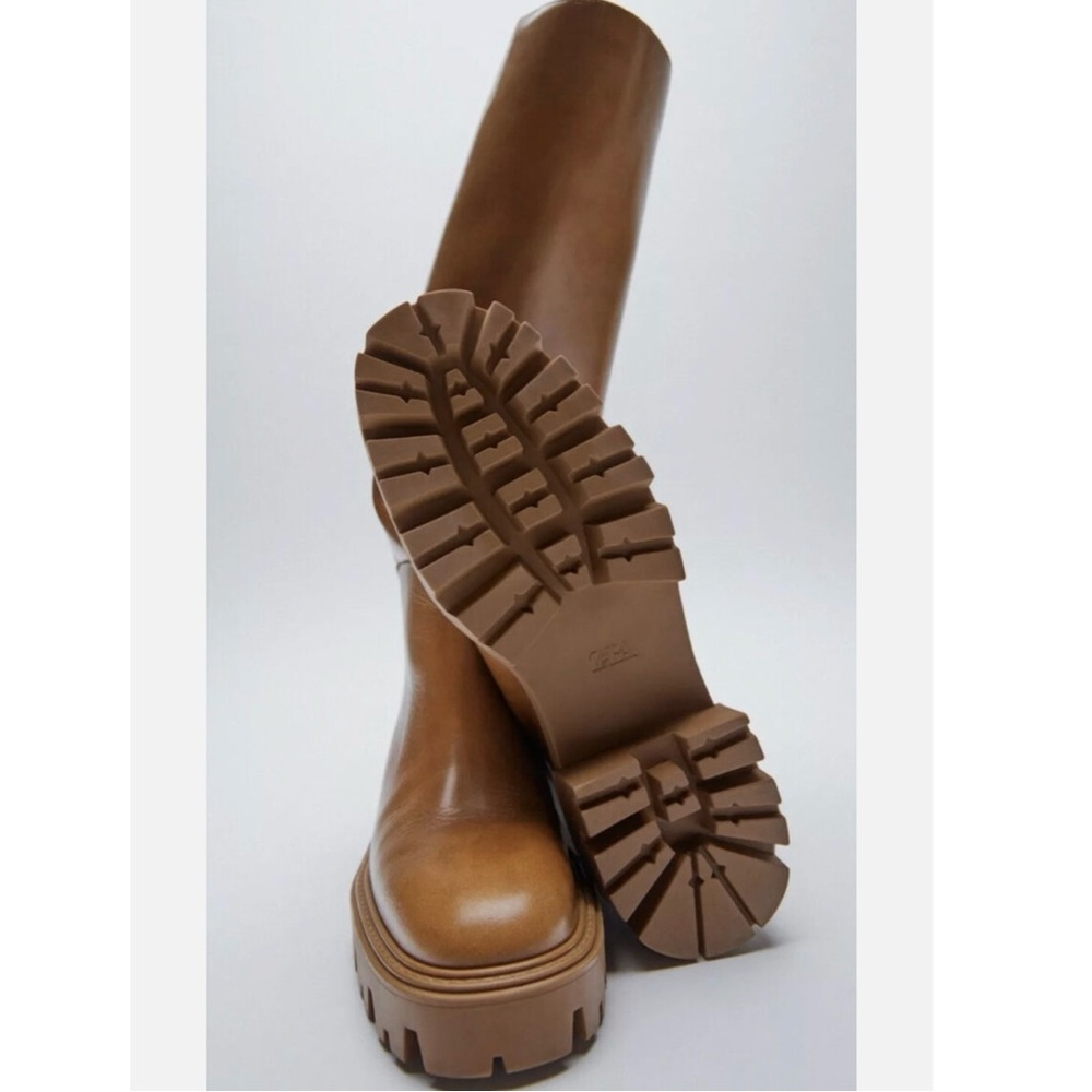 ZARA Flat Knee Brown Tall Leather Boots - Picture 3 of 16
